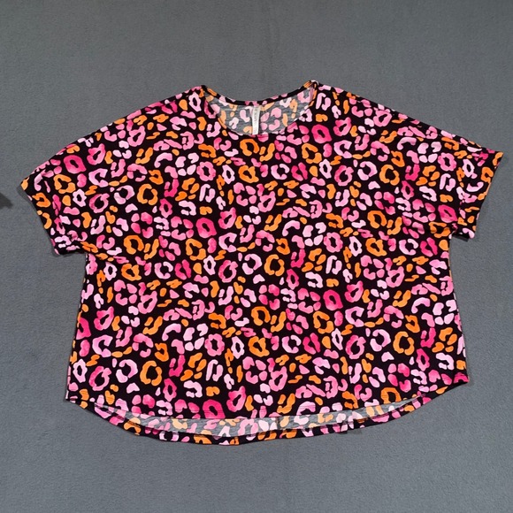 Oversized Lightweight Flowy Top Small Pink Orange Geo Print Short Sleeve Blouse - Picture 1 of 6